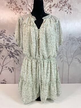 Almost Pink Floral Romper Dress Mint Green Ruffled Mini L Cottagecore